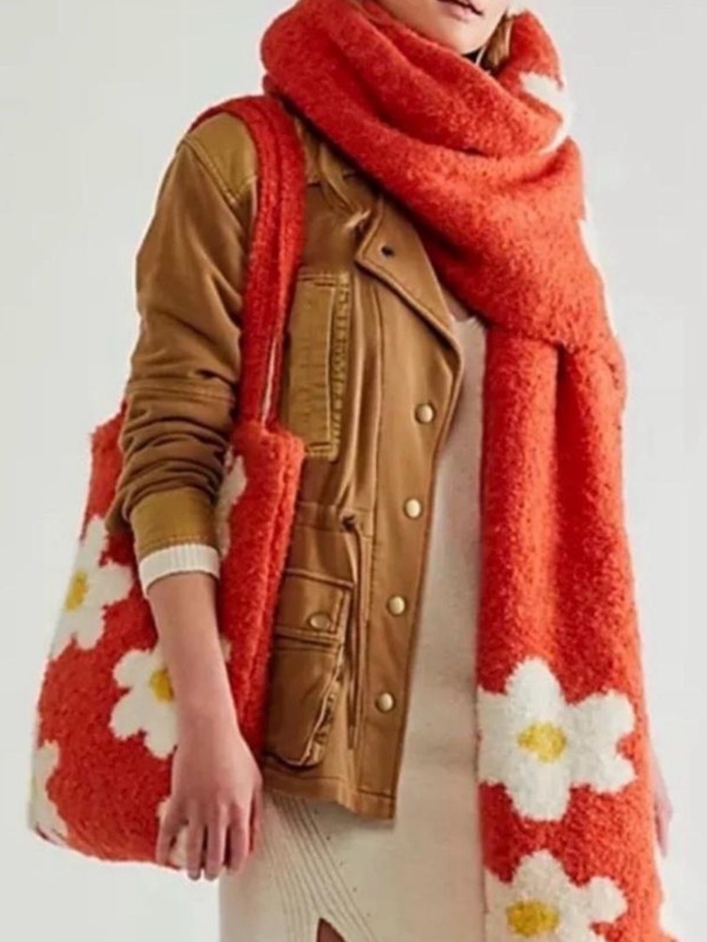 New free people Cozy Oversized Orange Knit Scarf and Tote Set